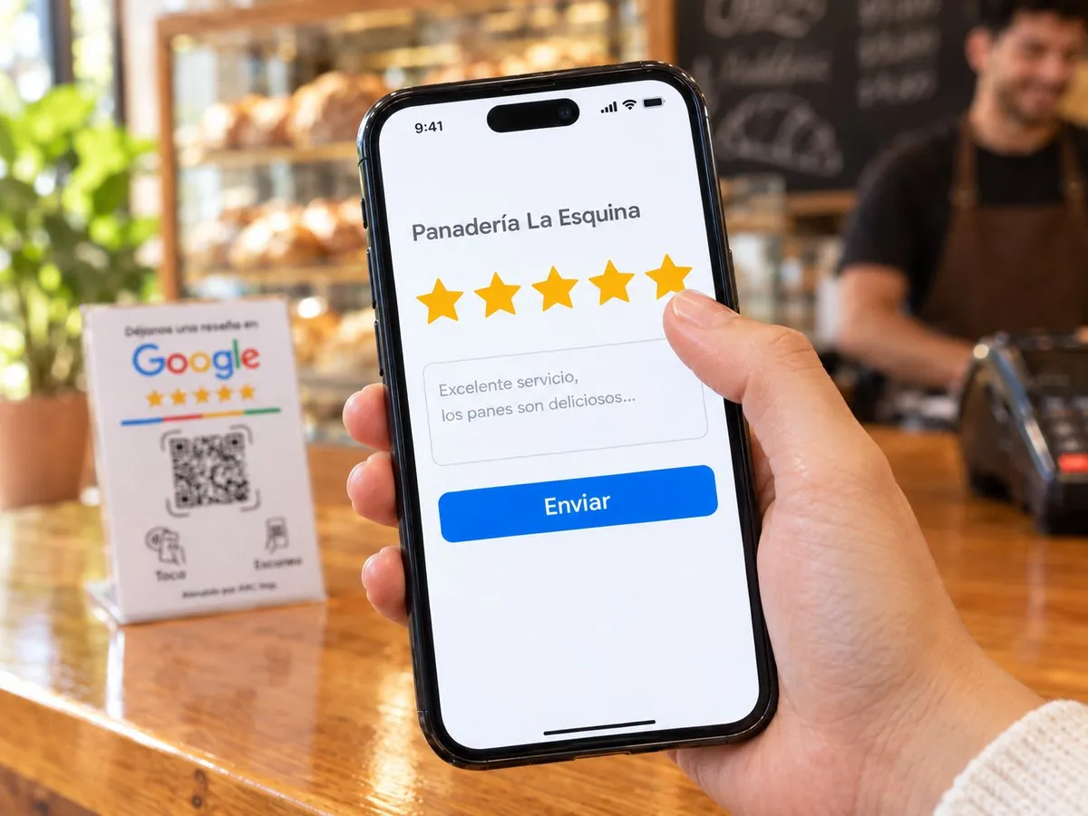 Pantalla del celular con cinco estrellas marcadas en la reseña de Google